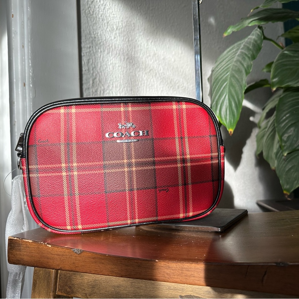 NWT - COACH Jamie Camera Bag With Tartan Plaid Print - CC146 - Silver/Red/Black